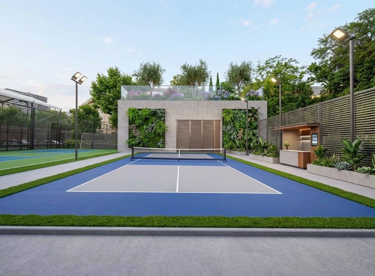 Pickleball court at golden hour